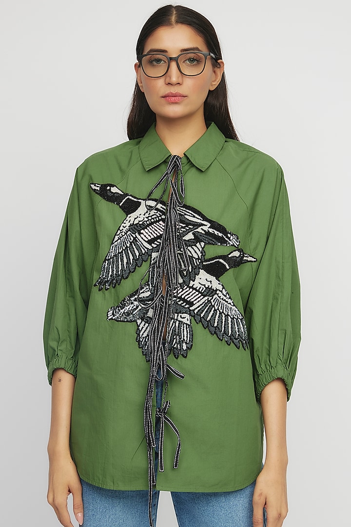 Green Cotton Reglan Hand Embroidered Tie-Up Shirt by Dhruv Kapoor