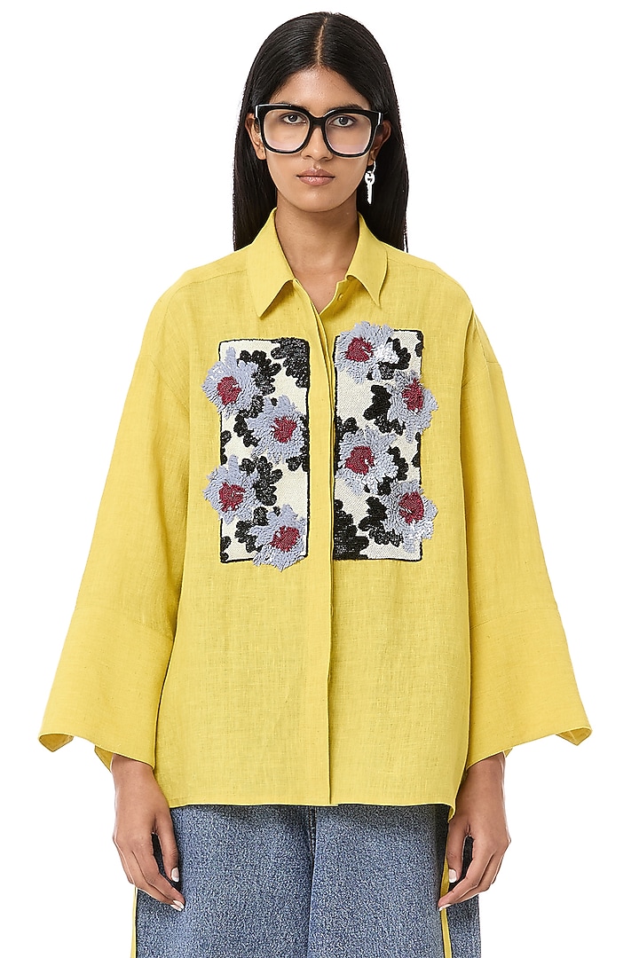Yellow Linen Embroidered Handcrafted Oversized Shirt by Dhruv Kapoor at Pernia's Pop Up Shop