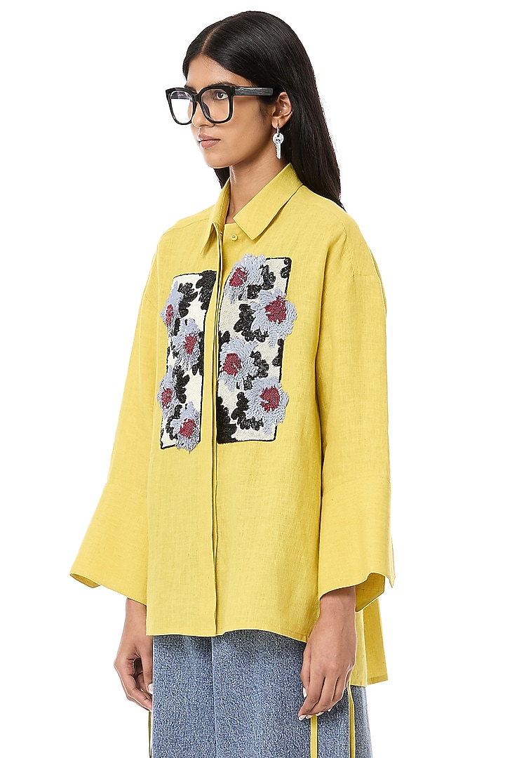 Yellow Linen Embroidered Handcrafted Oversized Shirt by Dhruv Kapoor at Pernia's Pop Up Shop
