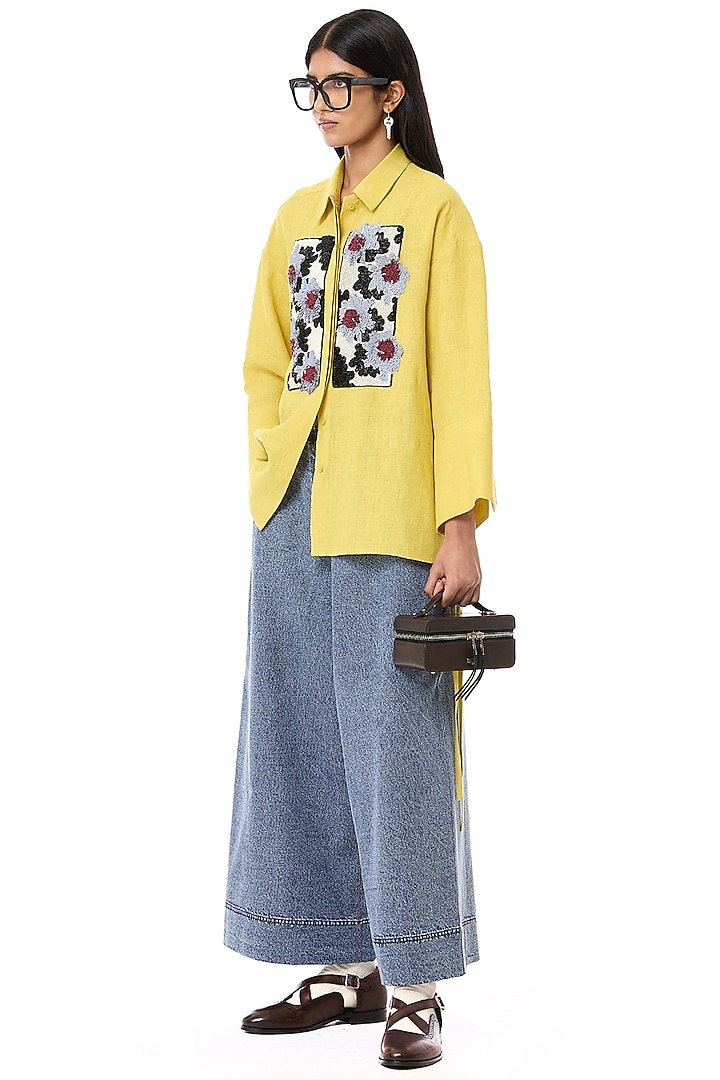 Yellow Linen Embroidered Handcrafted Oversized Shirt by Dhruv Kapoor at Pernia's Pop Up Shop