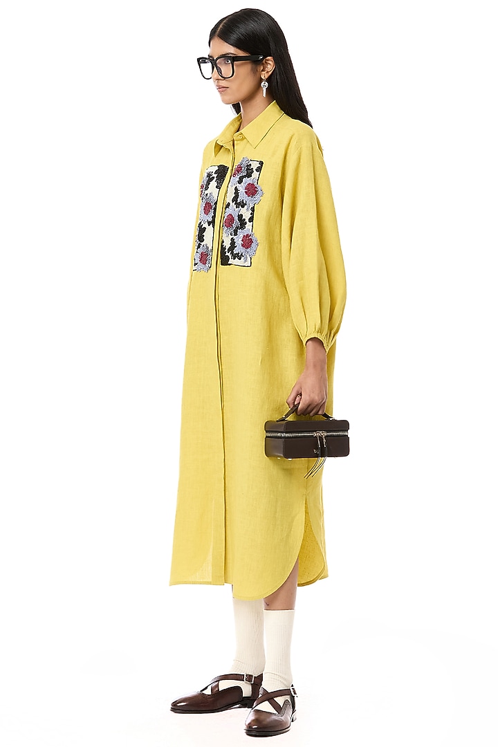 Mustard Yellow Linen Midi Cocktail Shirt Dress by Dhruv Kapoor at Pernia's Pop Up Shop