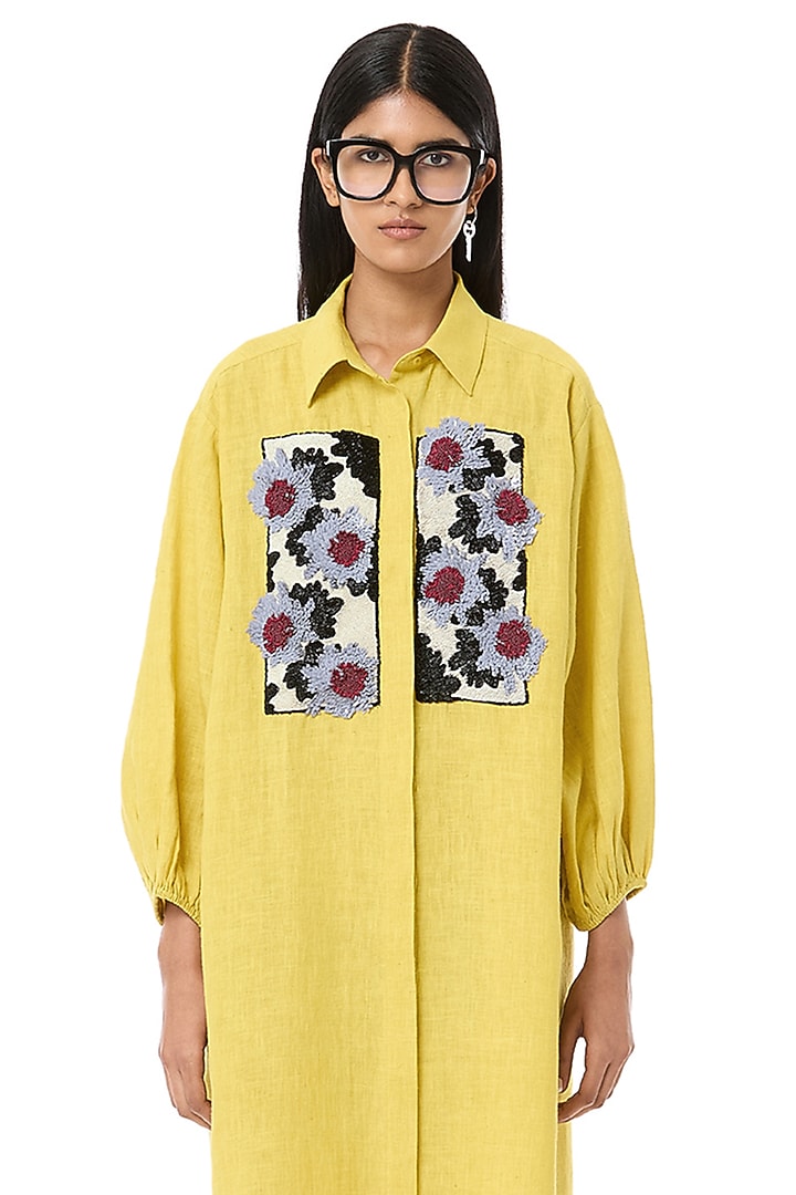 Mustard Yellow Linen Midi Cocktail Shirt Dress by Dhruv Kapoor at Pernia's Pop Up Shop