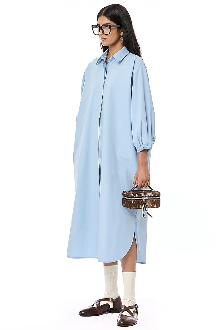 Dusty Blue Cotton Oversized Vacation Shirt Dress by Dhruv Kapoor at Pernia's Pop Up Shop