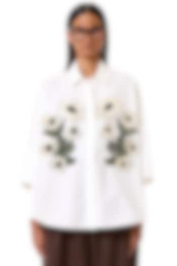 White Cotton Floral Embroidered Oversized Shirt by Dhruv Kapoor at Pernia's Pop Up Shop