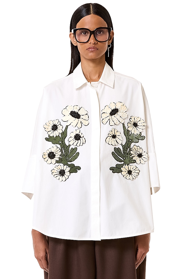 White Cotton Floral Embroidered Oversized Shirt by Dhruv Kapoor at Pernia's Pop Up Shop