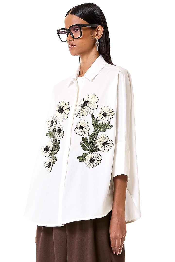 White Cotton Floral Embroidered Oversized Shirt by Dhruv Kapoor at Pernia's Pop Up Shop