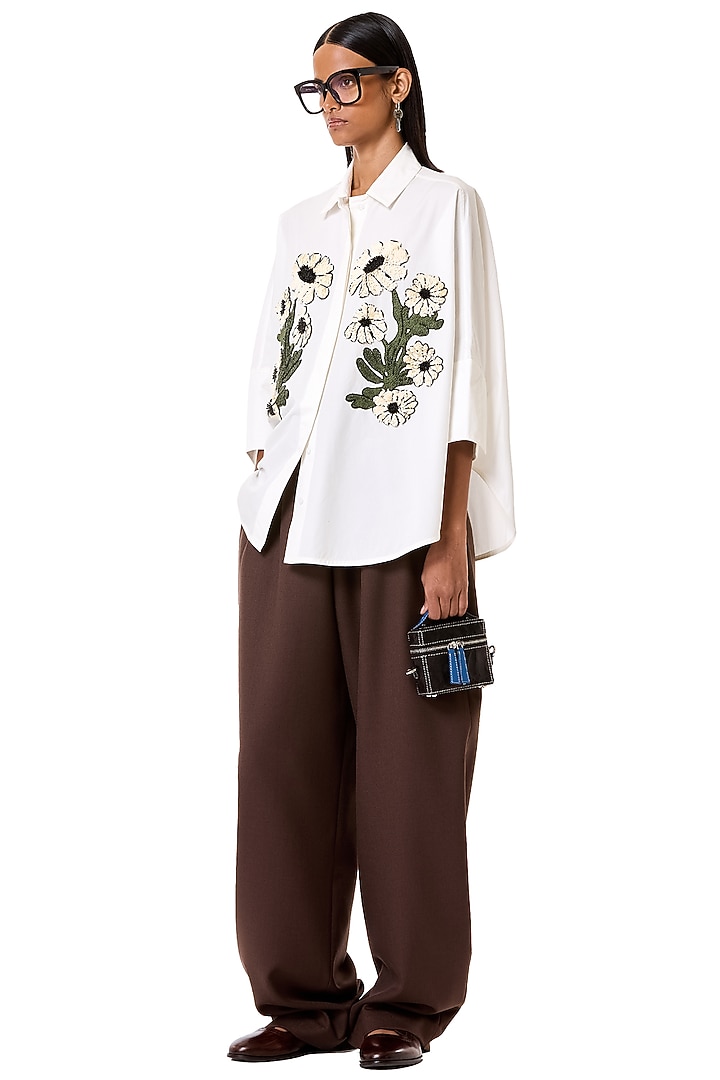 White Cotton Floral Embroidered Oversized Shirt by Dhruv Kapoor at Pernia's Pop Up Shop