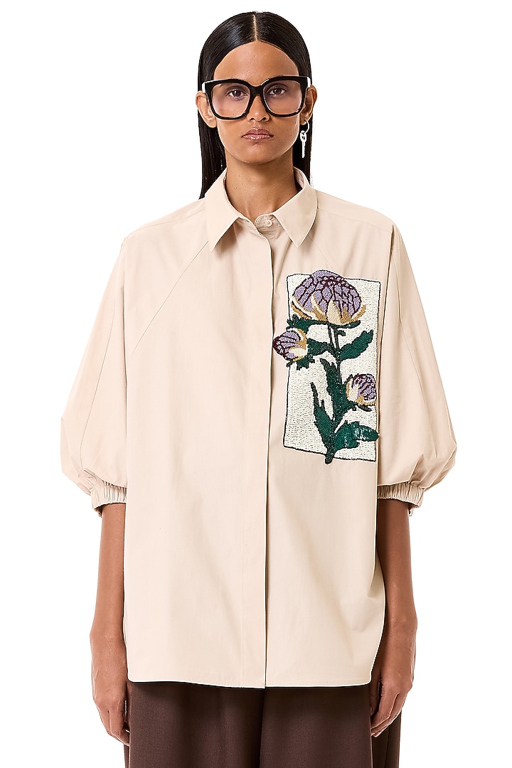 Beige Cotton Floral Embroidered Oversized Batwing Shirt by Dhruv Kapoor at Pernia's Pop Up Shop