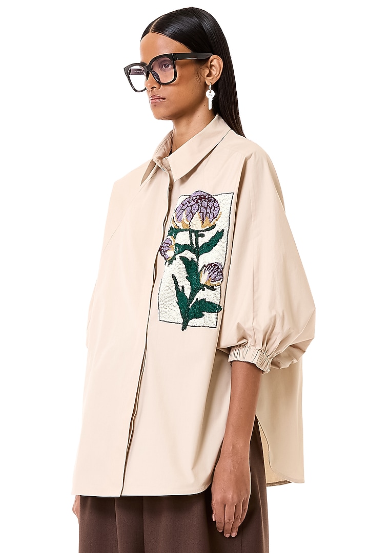 Beige Cotton Floral Embroidered Oversized Batwing Shirt by Dhruv Kapoor at Pernia's Pop Up Shop