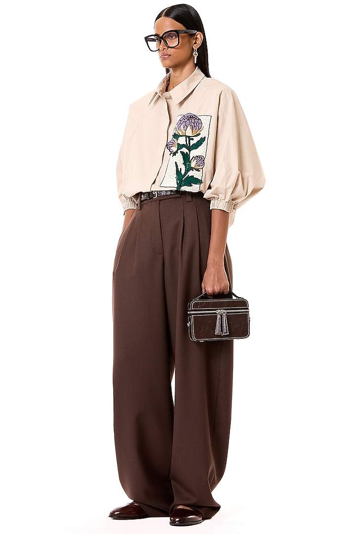 Beige Cotton Floral Embroidered Oversized Batwing Shirt by Dhruv Kapoor at Pernia's Pop Up Shop