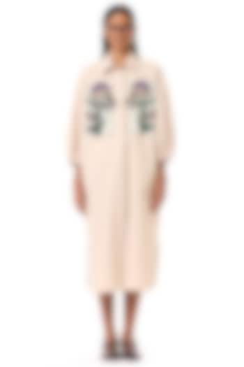 Beige Cotton Floral Embroidered Oversized Cocktail Shirt Dress by Dhruv Kapoor at Pernia's Pop Up Shop