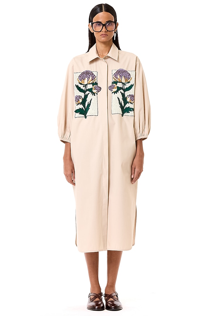 Beige Cotton Floral Embroidered Oversized Cocktail Shirt Dress by Dhruv Kapoor at Pernia's Pop Up Shop