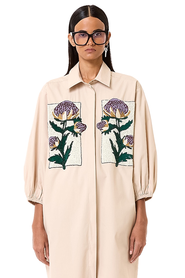 Beige Cotton Floral Embroidered Oversized Cocktail Shirt Dress by Dhruv Kapoor at Pernia's Pop Up Shop