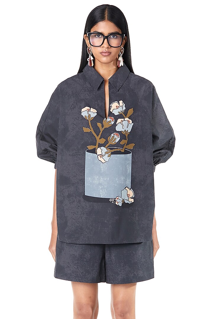 Grey Cotton Floral Printed Co-Ord Set by Dhruv Kapoor at Pernia's Pop Up Shop