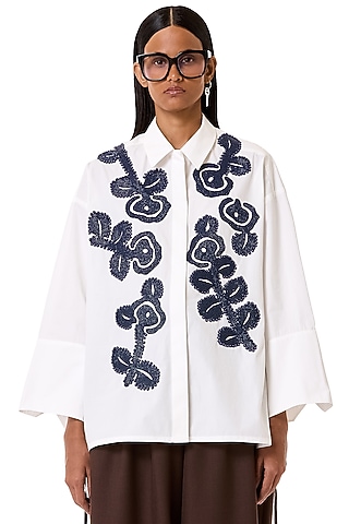 White Cotton Floral Embroidered Oversized Polo Shirt by Dhruv Kapoor