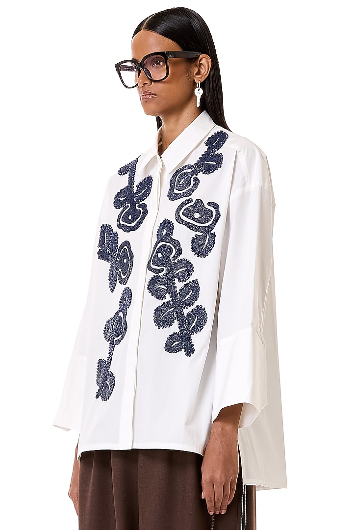 White Cotton Floral Embroidered Oversized Polo Shirt by Dhruv Kapoor at Pernia's Pop Up Shop