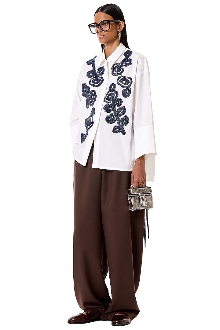 White Cotton Floral Embroidered Oversized Polo Shirt by Dhruv Kapoor at Pernia's Pop Up Shop
