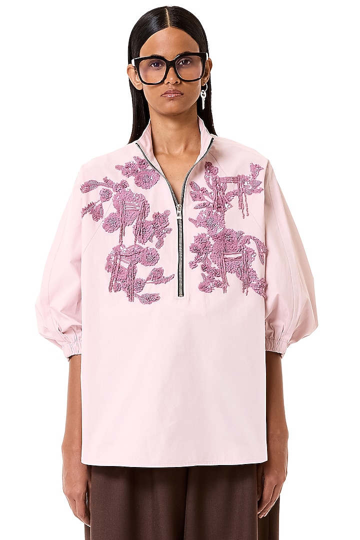 Rose Pink Cotton Floral Embroidered Oversized Polo Shirt by Dhruv Kapoor at Pernia's Pop Up Shop