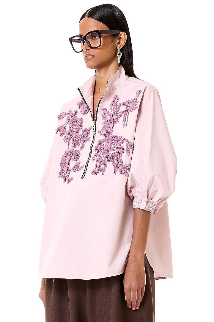 Rose Pink Cotton Floral Embroidered Oversized Polo Shirt by Dhruv Kapoor at Pernia's Pop Up Shop