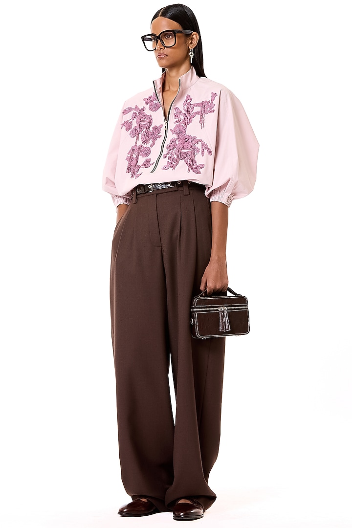 Rose Pink Cotton Floral Embroidered Oversized Polo Shirt by Dhruv Kapoor at Pernia's Pop Up Shop
