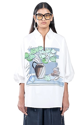 Natural White Cotton Printed Oversized Polo Shirt by Dhruv Kapoor