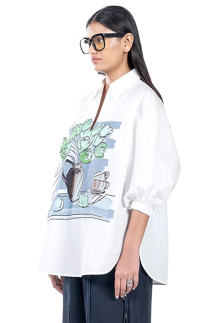 Natural White Cotton Printed Oversized Polo Shirt by Dhruv Kapoor at Pernia's Pop Up Shop