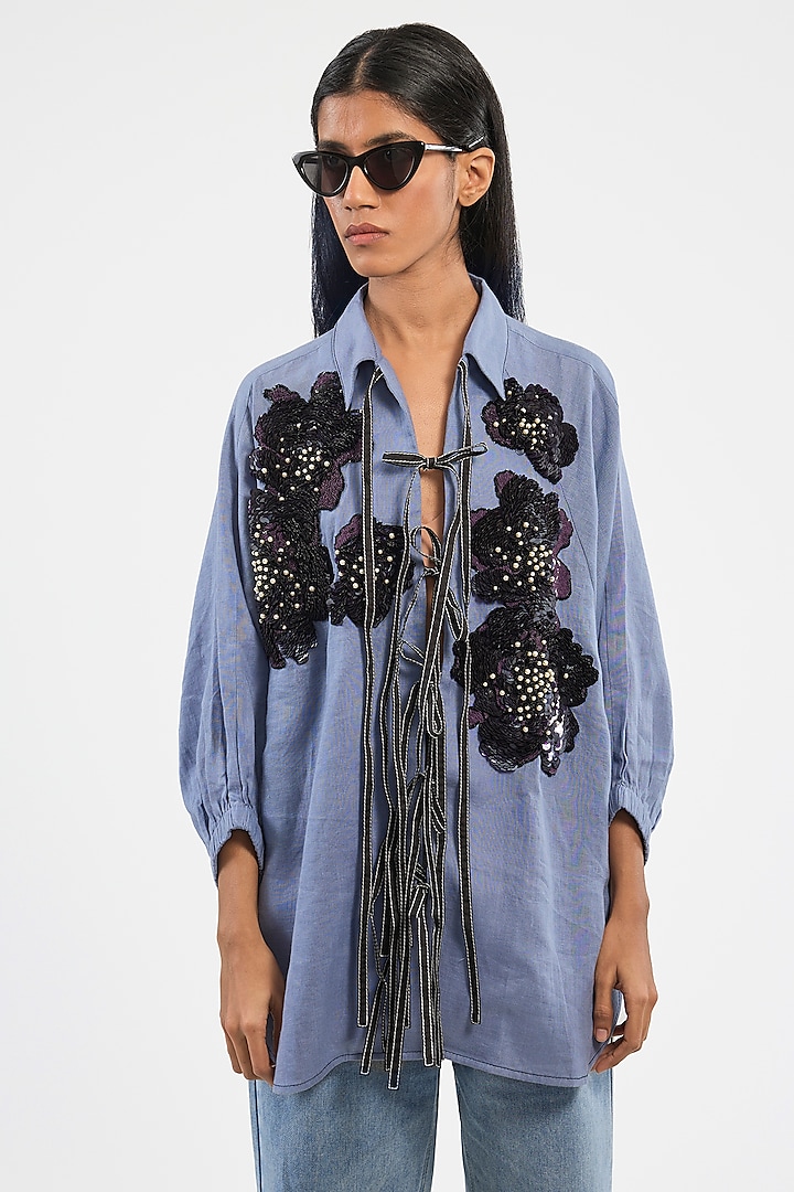 Blue Cotton Oversized Shirt by Dhruv Kapoor at Pernia's Pop Up Shop