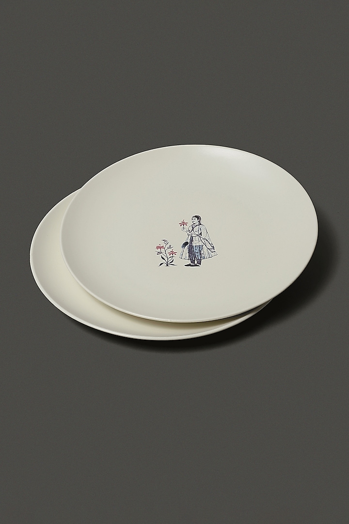 White Porcelain Dinner Plates (Set of 2) by Ritu Kumar Home