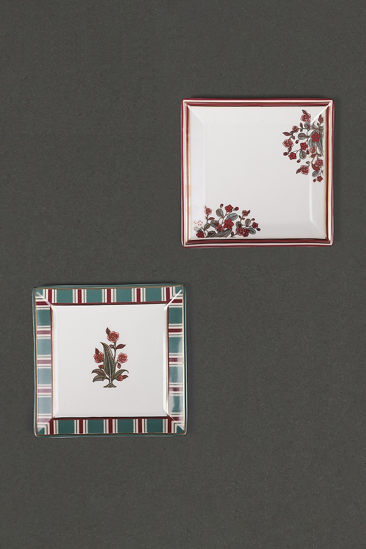 Ecru & Dark Red Porcelain Small Platters (Set of 2) by Ritu Kumar Home