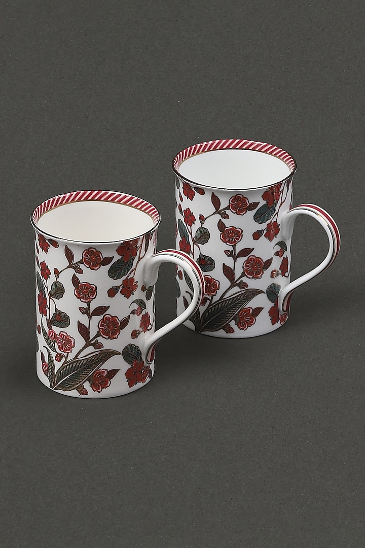 Ecru & Dark Red Porcelain Mugs (Set of 2) by Ritu Kumar Home