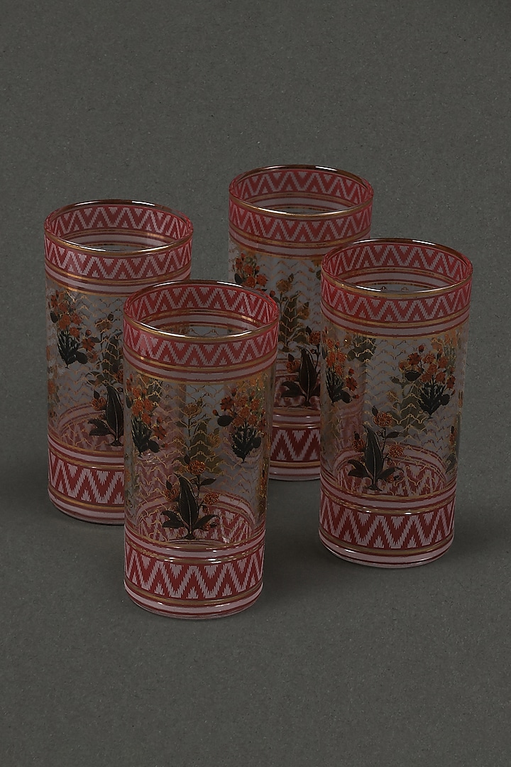 Ecru & Dark Red Porcelain Glasses (Set of 4) by Ritu Kumar Home