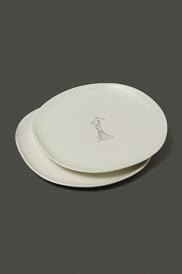 White Printed Dinner Plates (Set of 2) by Ritu Kumar Home