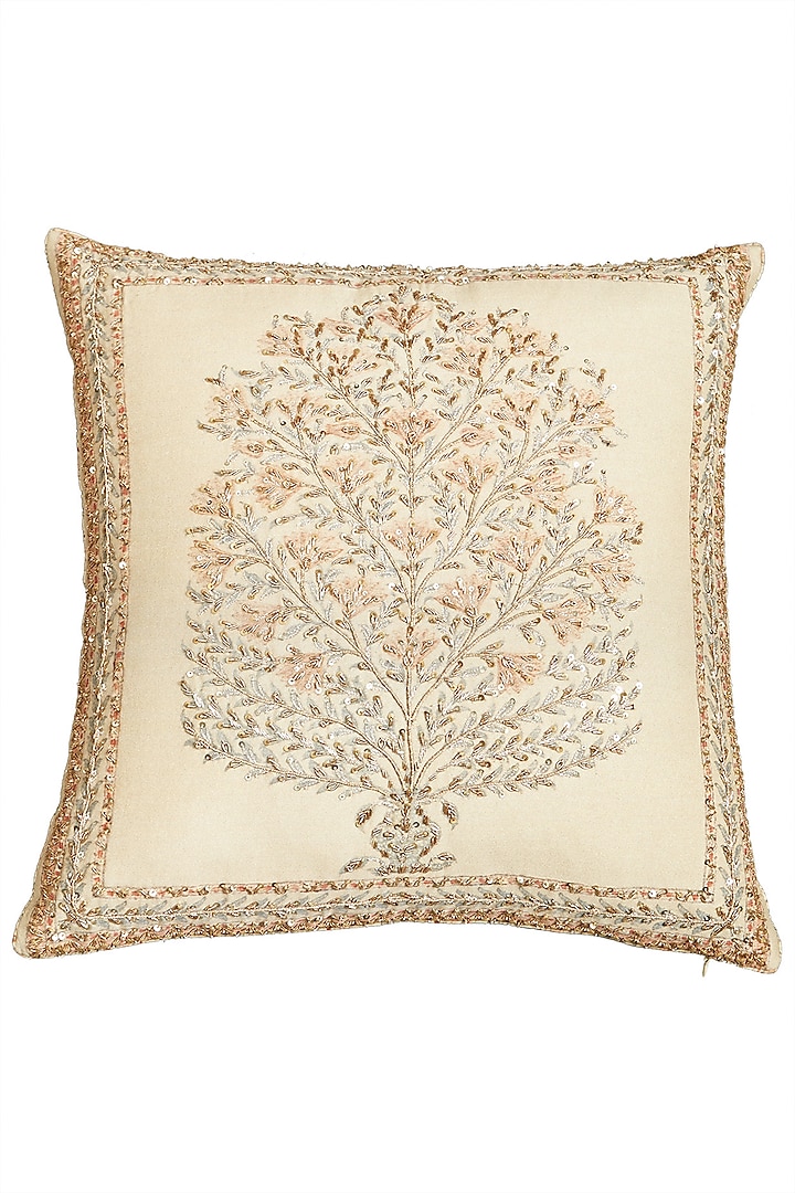 Beige Square Cushion With A Filler by Ritu Kumar Home