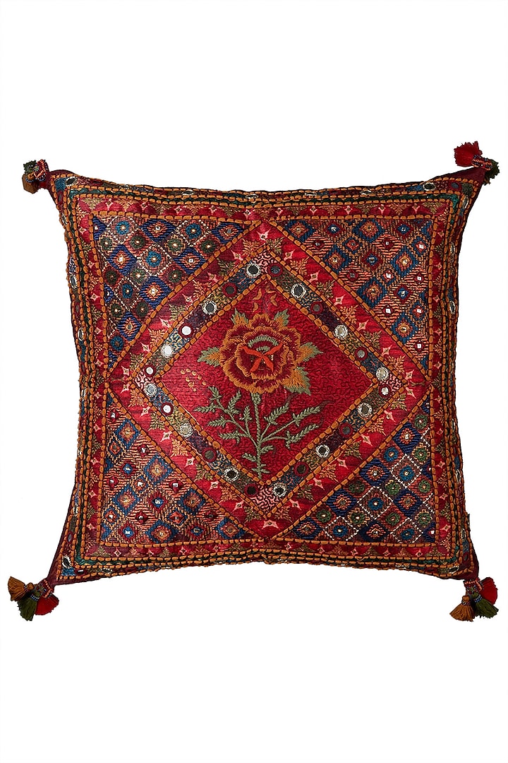 Red Printed Square Cushion With A Filler by Ritu Kumar Home