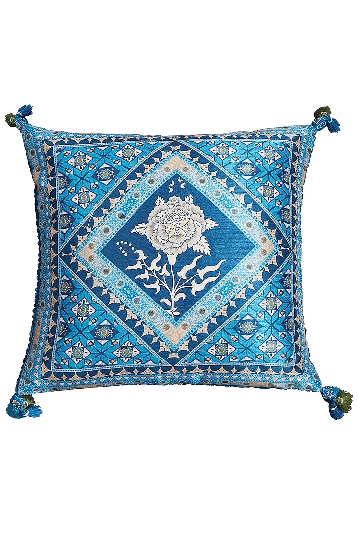 Blue Kutch Printed Square Cushion With A Filler by Ritu Kumar Home
