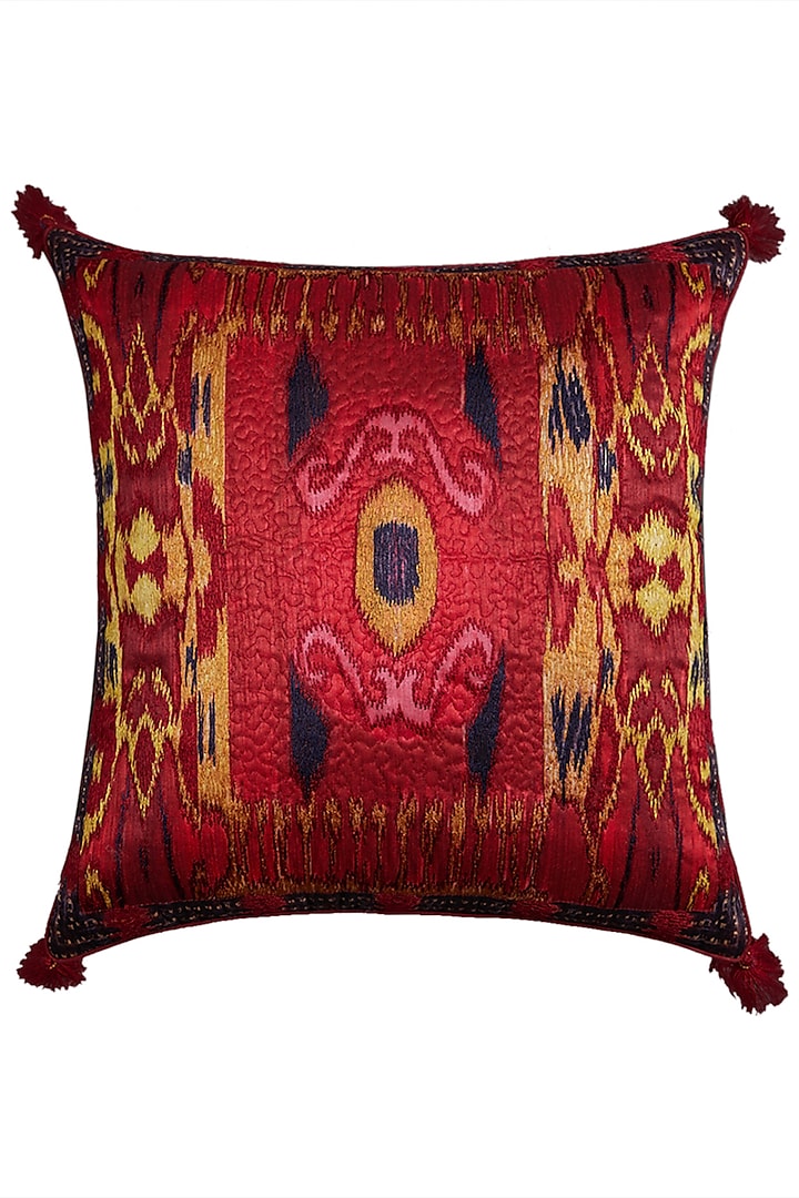 Red Ikkat Print Square Cushion With Filler by Ritu Kumar Home