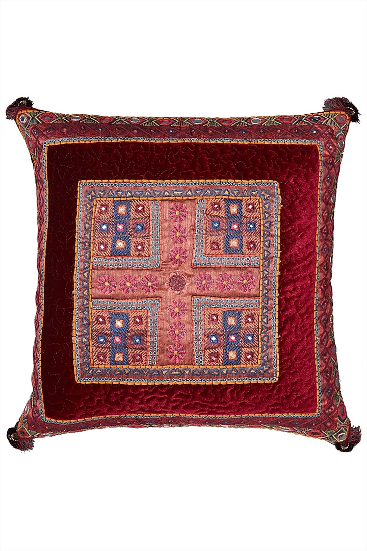 Burgundy Square Cushion With Filler by Ritu Kumar Home