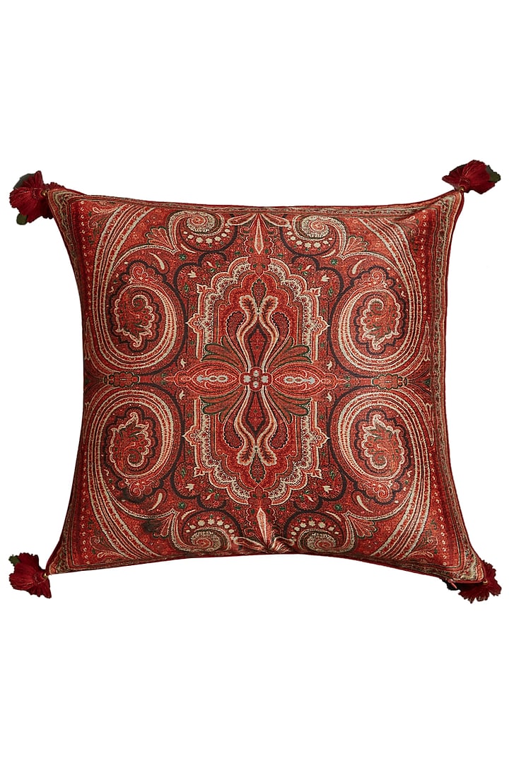 Maroon Jamawar Printed Square Cushion With Filler Design by Ritu Kumar ...