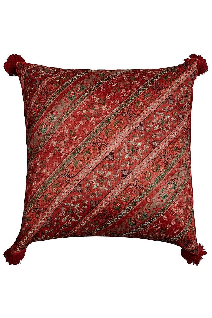 Red & Green Jamawar Printed Square Cushion With Filler by Ritu Kumar Home