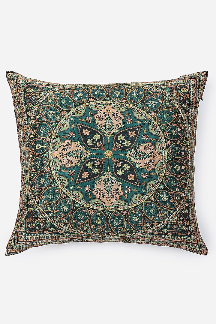 Green Embroidered Cushion With Filler by Ritu Kumar Home