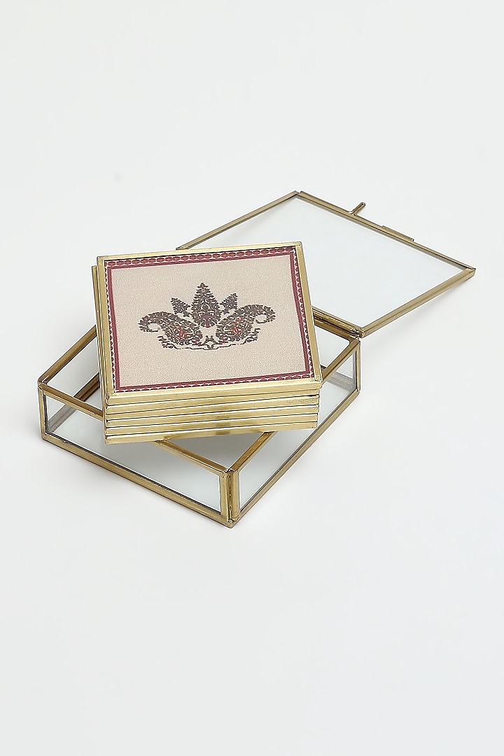 Beige Kashmiri Booti Coasters (Set of 6) by Ritu Kumar Home at Pernia's Pop Up Shop