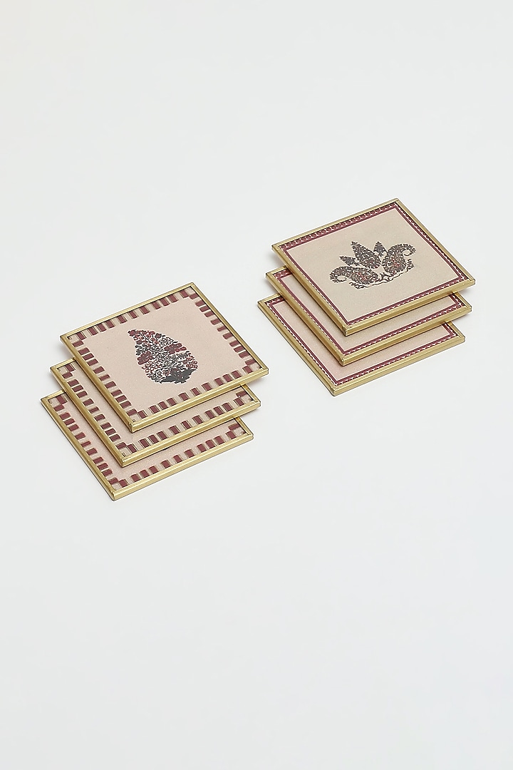 Beige Kashmiri Booti Coasters (Set of 6) by Ritu Kumar Home at Pernia's Pop Up Shop
