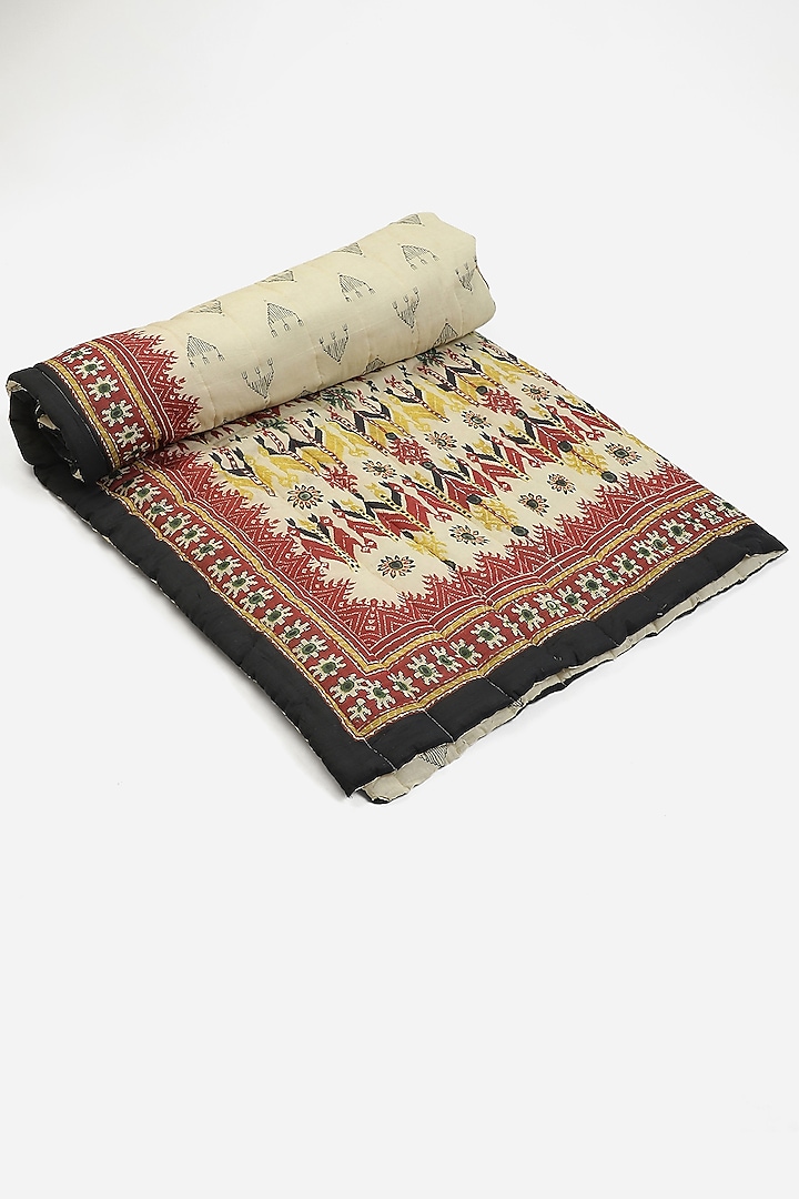 Beige Printed Badhuria Double Bed Quilt by Ritu Kumar Home