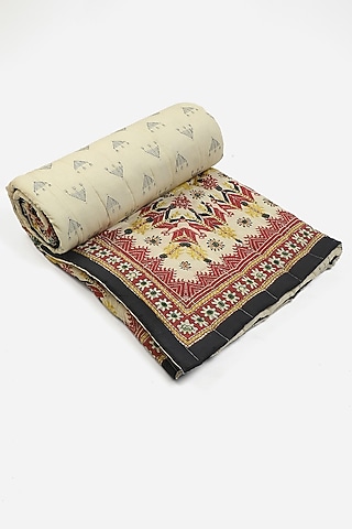 Beige Printed Badhuria Single Bed Quilt by Ritu Kumar Home