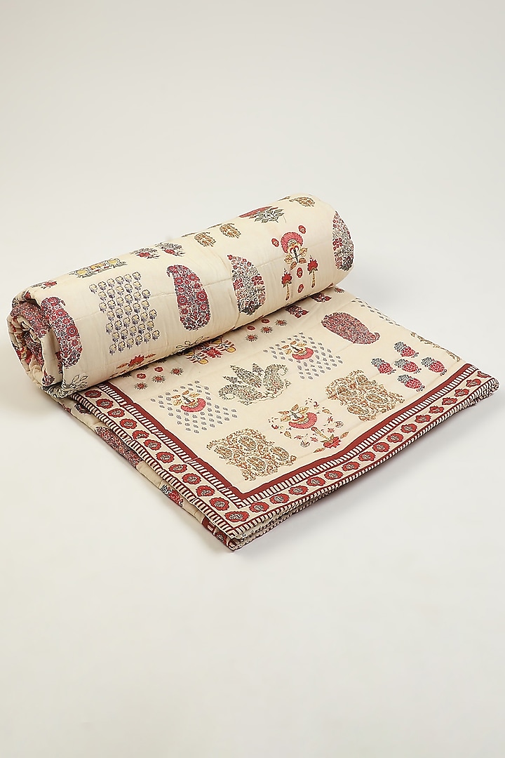 Ivory & Red Printed Kashmiri Booti Double Bed Quilt by Ritu Kumar Home