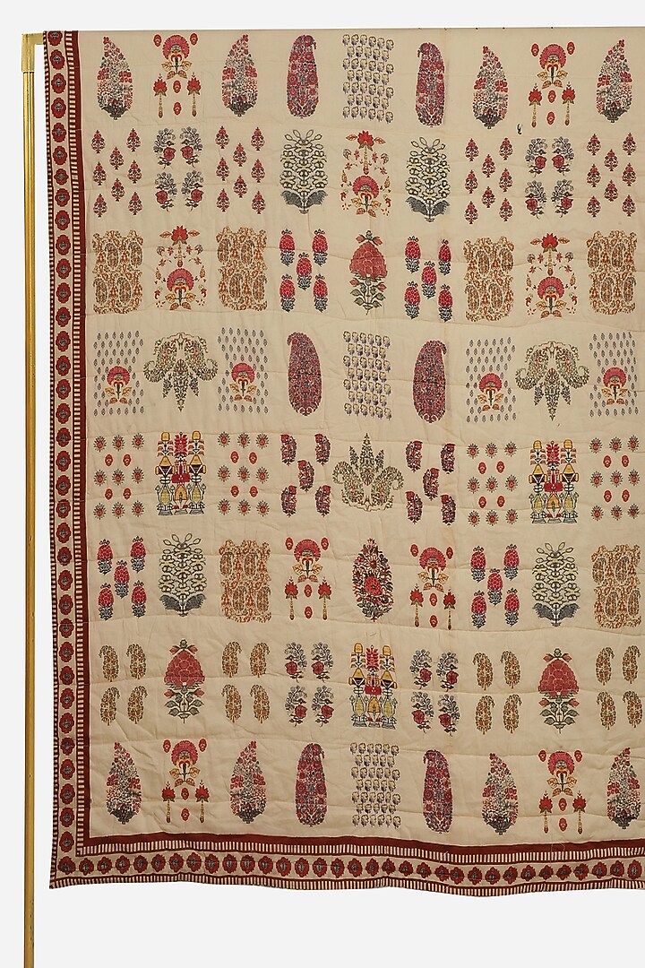 Ivory & Red Printed Kashmiri Booti Double Bed Quilt by Ritu Kumar Home at Pernia's Pop Up Shop