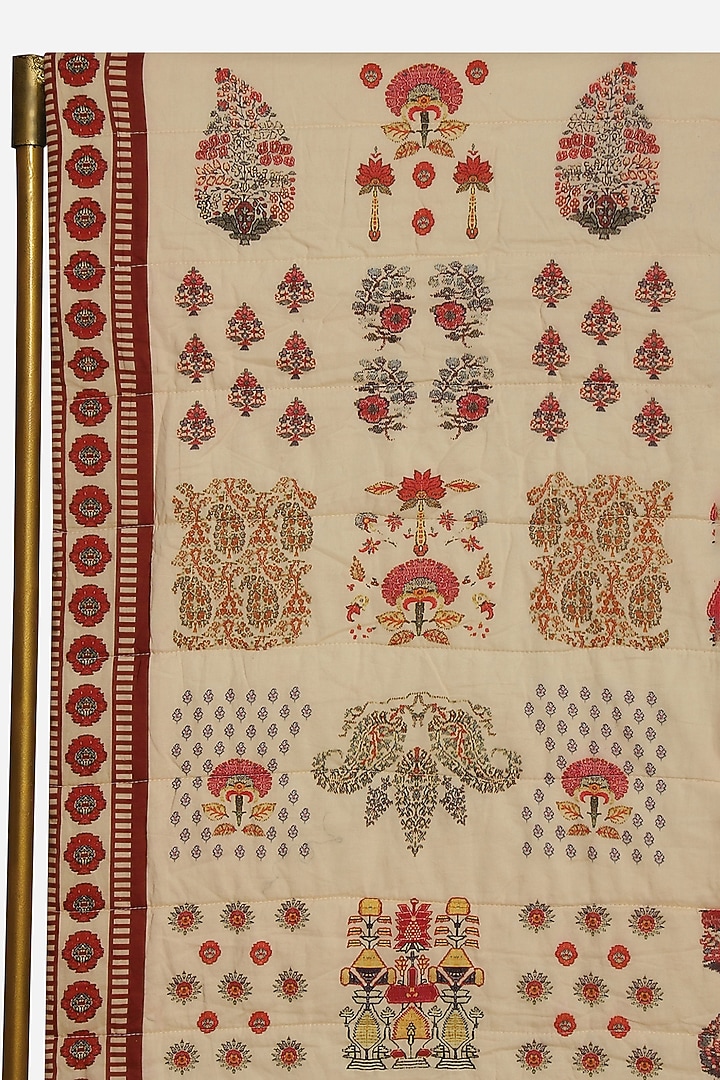 Ivory & Red Printed Kashmiri Booti Double Bed Quilt by Ritu Kumar Home at Pernia's Pop Up Shop