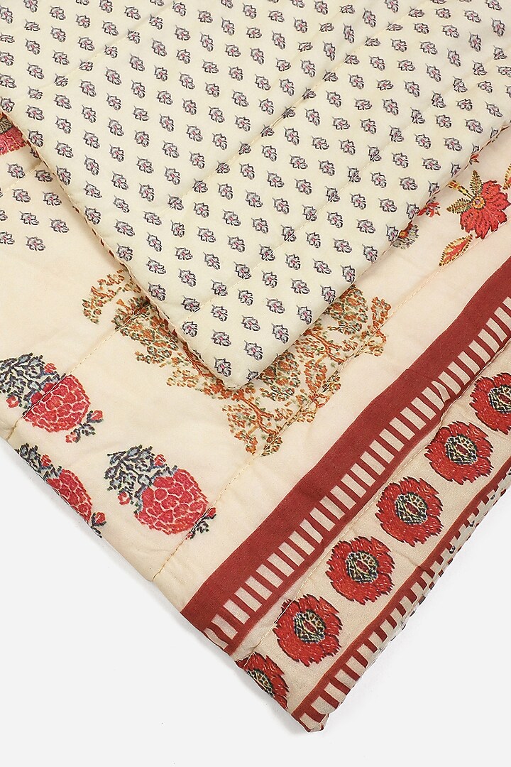 Ivory & Red Printed Kashmiri Booti Double Bed Quilt by Ritu Kumar Home at Pernia's Pop Up Shop