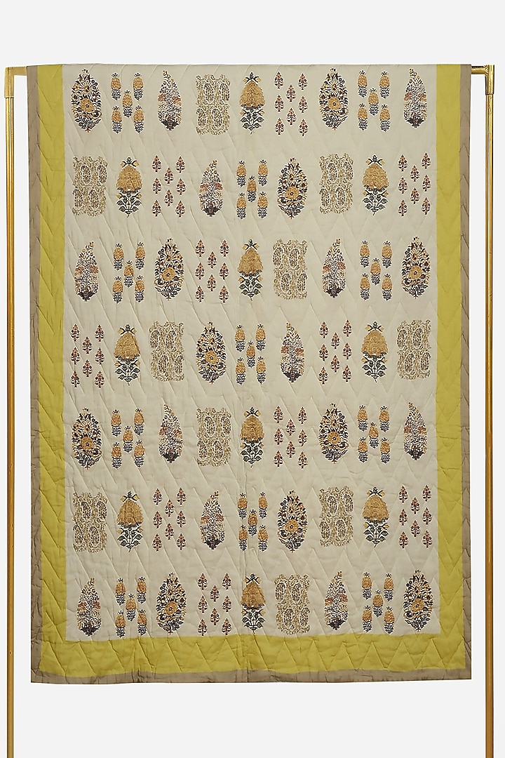 Yellow Printed Kashmiri Booti Single Bed Quilt by Ritu Kumar Home at Pernia's Pop Up Shop