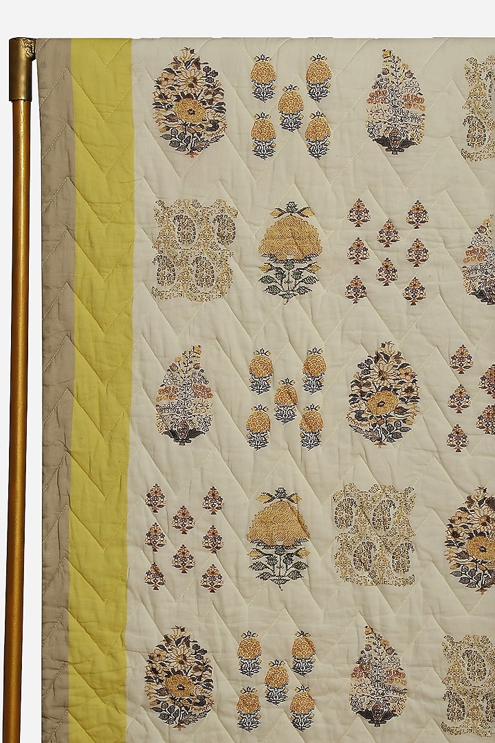 Yellow Printed Kashmiri Booti Single Bed Quilt by Ritu Kumar Home at Pernia's Pop Up Shop